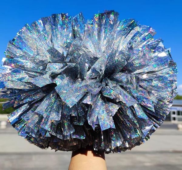 Pompon olografici metallici da cheerleader con manico a bastone Pompon professionali per allegria per accessori per costumi da allenamento per feste di spirito di squadra sportiva