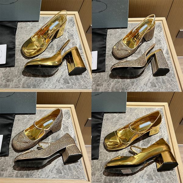 Designer Donna Sandali con tacco spesso Fashion Triangle 9cm Tacchi alti Scivoli Infradito Estate vera pelle Mocassini con diamanti all'aperto Décolleté Scarpe 35-42