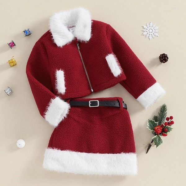 Set di abbigliamento Cappotto per bambina con cerniera in pelo lungo a maniche lunghe con gonna e gonna Set di vestiti per signora Babbo Natale