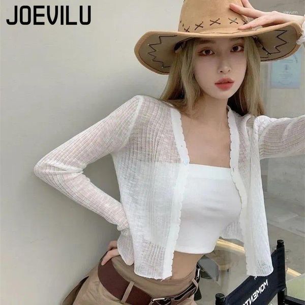 Damenblusen JOEVILU Dünnes Sonnenschutzhemd Sommeroberbekleidung Crop Tops Ausgehöhlter weißer Langarm-Cardigan Eleganter lässiger Schalmantel