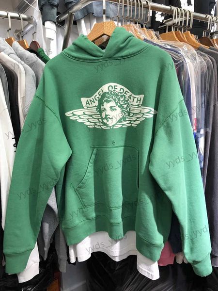 Felpe con cappuccio da uomo Felpe vintage Saint Michael Angel Crack Stampa Verde Felpa con cappuccio Hole Wash Casual Allentato Maglione da uomo di alta qualità Streetwear T231127