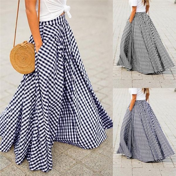 Gonne Donna Estate Vintage All Match Ombrello Maxi Gonna Vita alta Una linea Scozzese Lungo Casual Big Swing Taglie forti RS404