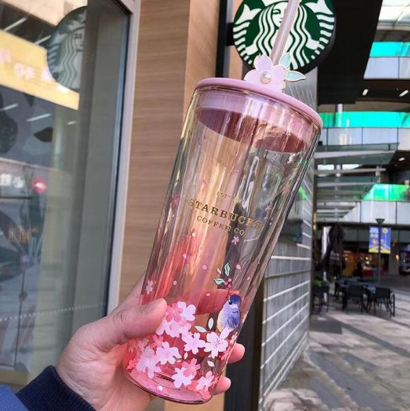 Novo criativo (bebida) canecas starbucks rosa flor de cerejeira urso pedreiro grande capacidade vidro duplo com copo com canudinho caneca de café presente