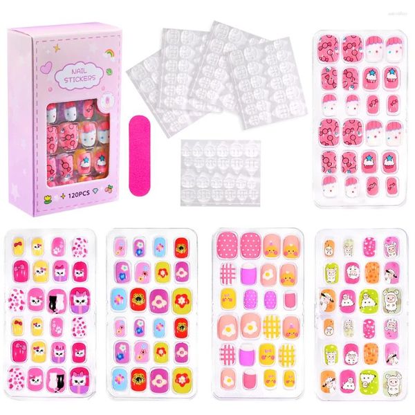 Unhas falsas 120/24pcs desenhos animados crianças falsas coloridas gato fofo/borboleta/flores pontas de unhas com tiras de fita para meninas crianças