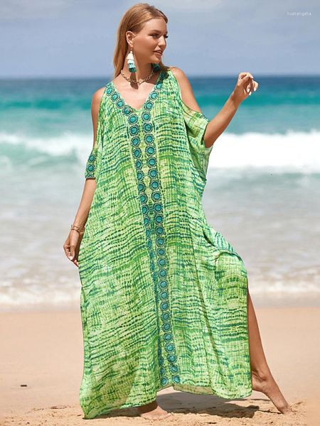 Vestidos de banho feminina vestidos de praia verdes boêmios de ombro frio para moda kaftans mulheres maxi maxi maxi férias de banho