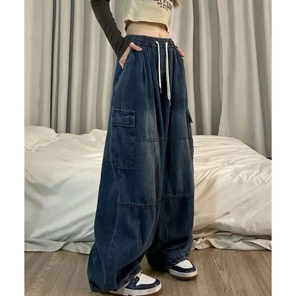 Damen Jeans Frühling Herbst Kordelzug Elastische Hohe Taille Baggy Hosen Für Frauen Vintage Gerade Y2k Harajuku Mode Einfache Denim 231127