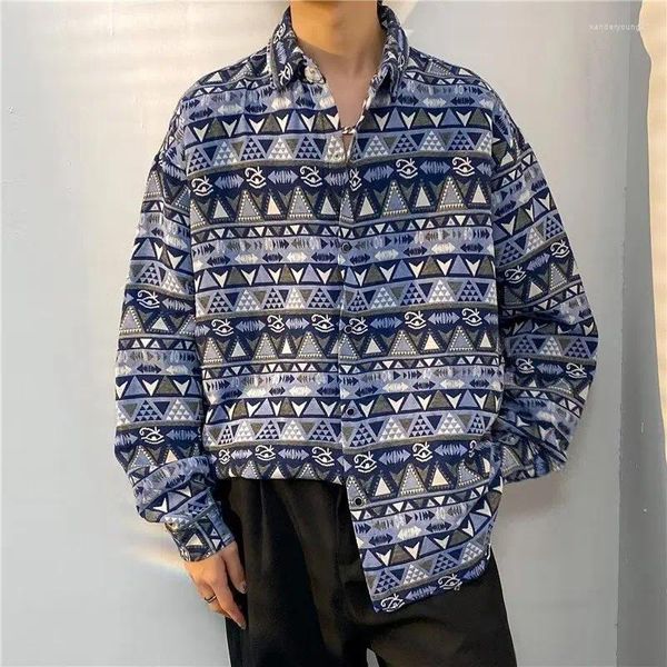 Camisas casuais masculinas outono inverno camisa de manga longa harajuku vintage tecido bordado solto estilo japonês na moda ruoshuai casaco