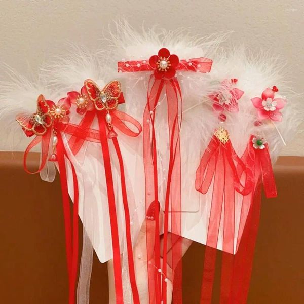 Acessórios de cabelo meninas flores vermelhas fita hairpins pena pérola hanfu clipes borboleta borla ano chinês headwear bonito criança