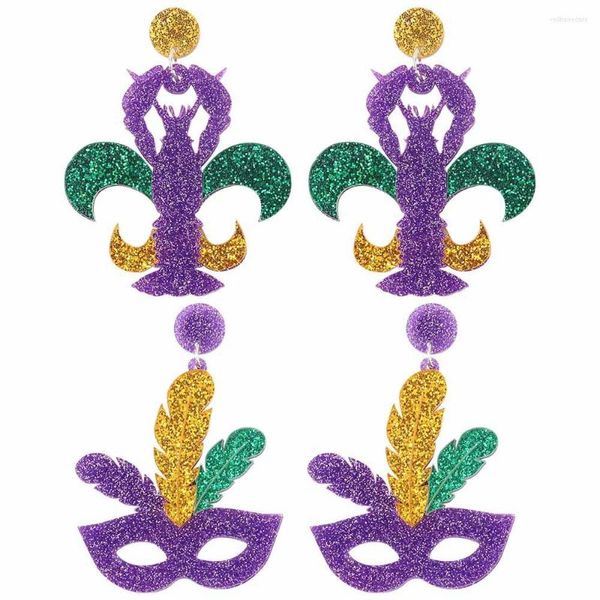 Baumelnde Ohrringe MARDI GRAS FÜR FRAUEN Fleur De Lis /Krone /Mardi Maske Acryl Lila Grün Gelb Glitter Party Accessoire