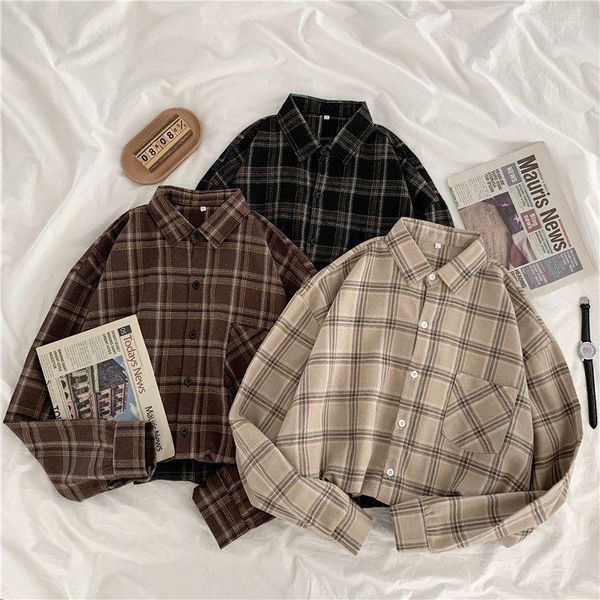 Bloups feminina Deeptown Camisetas xadrez vintage mulheres soltas bordas de algodão versátil estilo coreano Manga longa Spring Check Shirt Casual Moda