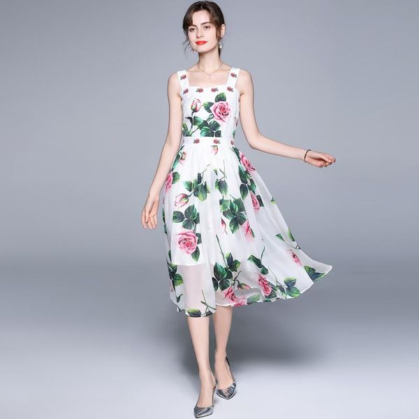 Casual Kleider Banulin Hohe Qualität 2023 Sommer Bohemian Holiday Dress Frauen Spaghetti Strap Blumendruck Runway Elegant Midi Vestidos