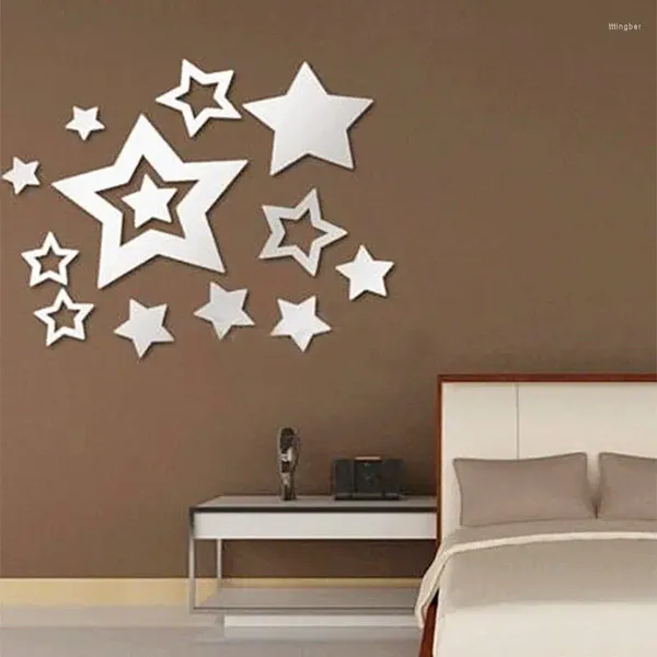 Adesivos de parede prata DIY espelho acrílico estrelas para sala de estar quarto decalques de casa decoração