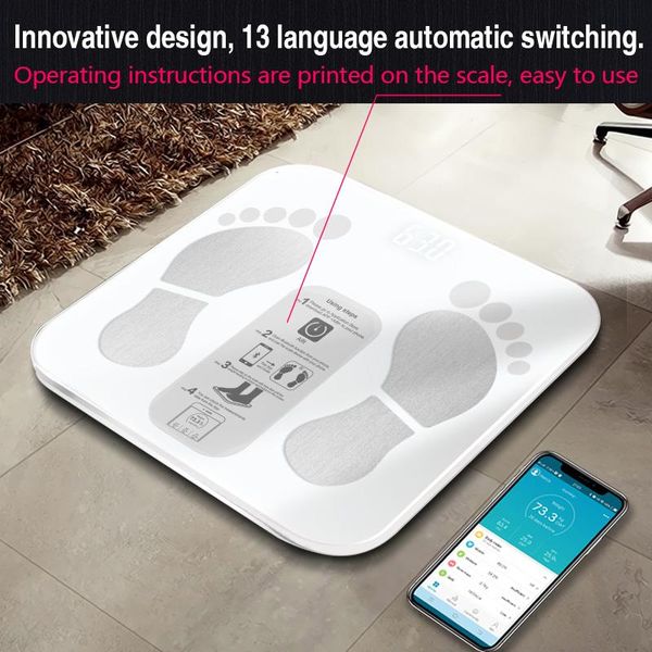 Waagen Intelligente digitale elektronische Badezimmerwaage Bluetooth-kompatible Körperfett-BMI-Waage APP-Analysator Teilen sozialer Apps