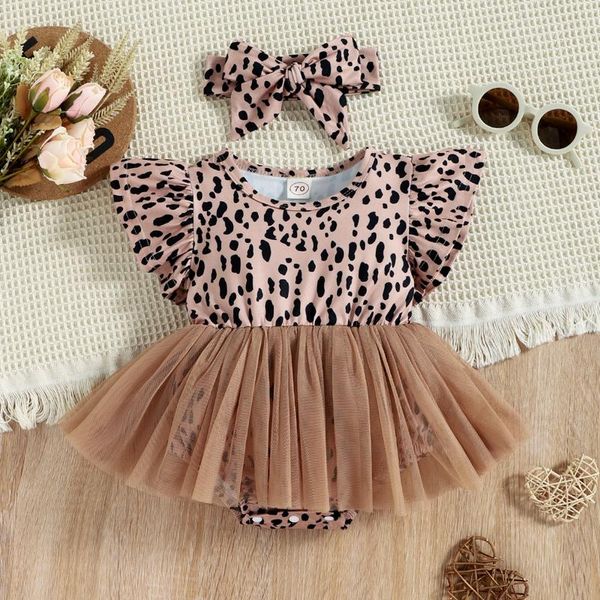 Set di abbigliamento 2 pezzi Completo estivo per neonata Stampa leopardata Tulle Pagliaccetto con maniche volanti Fascia per capelli per bambini 0-12 mesiAbbigliamento