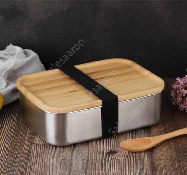 800ml recipiente de alimentos lancheira com tampa de bambu retângulo de aço inoxidável bento caixa de madeira superior recipiente de cozinha natural fácil para t2036333