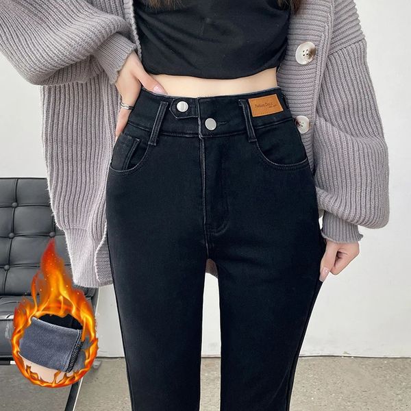 Женские джинсы, черные плюшевые утепленные джинсы, зима 2023, верхняя одежда с высокой талией, тонкие эластичные узкие брюки-карандаш, джинсовые вещи, сохраняющие тепло 231127