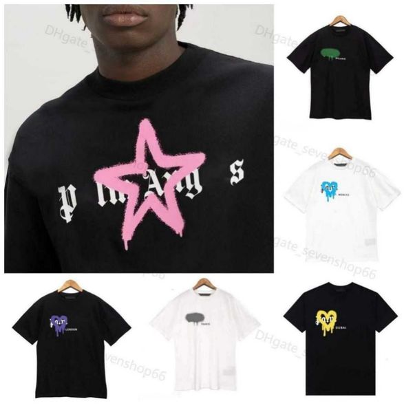 2024 Tasarımcı Erkek Tişörtleri T Shirt Palms Angels City Tasarımcı Limited Inkjet Grafiti Mektup Baskı Erkek Kadın Yelkenli Kısa Kollu Giyim YH6
