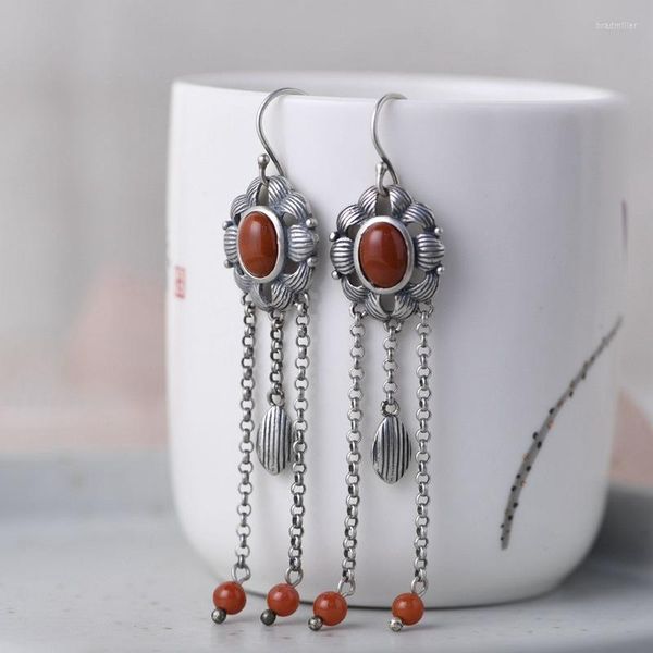 Orecchini pendenti FNJ nappa lunga argento 925 puro originale S925 orecchino a goccia sterling per gioielli da donna agata rossa