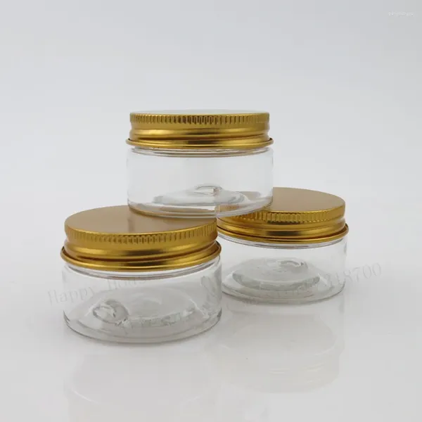 Frascos de armazenamento 60 unidades / lote 30g Frascos de plástico PET vazios portáteis com tampas de ouro de alumínio 1oz Recipiente cosmético transparente