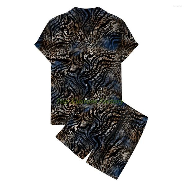 Herren Trainingsanzüge Strandurlaub Luxus Hawaiian Leopardenmuster Herren Kurzarmhemd 2-teilig Lässig Revers Schnalle T-Shirt Trainingsanzug Set