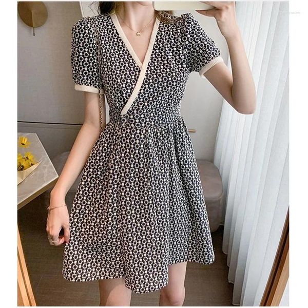 Casual Kleider Mode V-ausschnitt Spliced Lose Gedruckt Falten Mini Kleid Weibliche Kleidung 2023 Sommer Büro Dame Asymmetrische Blumen