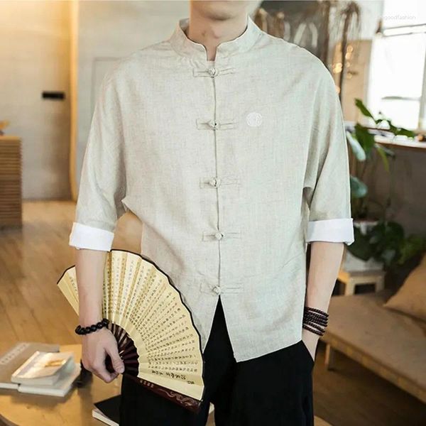 Camisas Casuais Masculinas 2023 Estilo Chinês Mens Tops Tang Terno Linho Meia Manga Sólida Tradicional China Hanfu Camisa Plus Size M-5XL