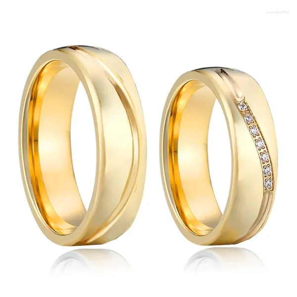 Anéis de cluster conjuntos de casal de casamento para homens e mulheres amantes aliança brilhante 1 par 14k banhado a ouro jóias de aço inoxidável anel de casamento