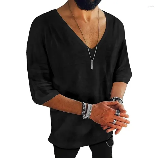 Мужские повседневные рубашки, хлопково-льняная рубашка с v-образным вырезом и коротким рукавом, летняя рубашка Camisa Hombre, белый, черный, гавайский мужской топ, сорочка