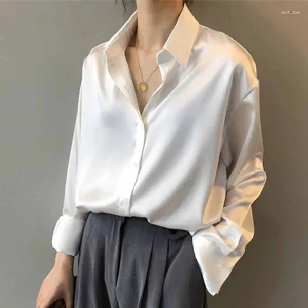 Blusas femininas 2023 coreano seda blusa moda botão até camisa de cetim vintage branco manga longa camisas topos senhoras do escritório elegante