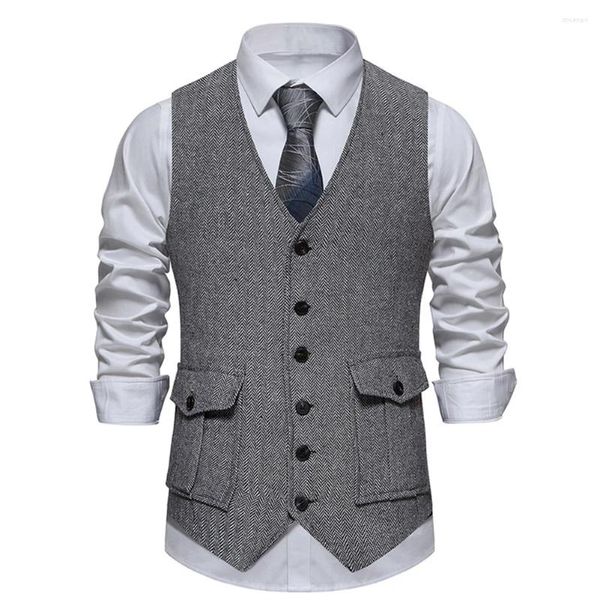 Coletes masculinos Mens Tweed Colete Colete Vintage Formal Herringbone Retro Business Button Top