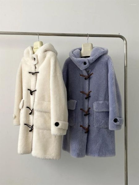 Pele feminina anti temporada estilo estrangeiro versão coreana cowhorn botão hoodie comprimento médio grão cordeiro grama ovelhas cortar casaco d03