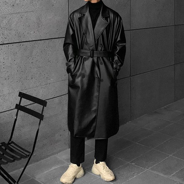 Jaquetas masculinas primavera outono longo preto oversized falso couro trench coats cinto masculino 231127