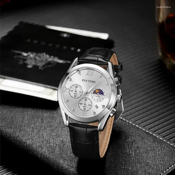 Armbanduhren PINTIME Hochwertige Luxus-Roségolduhr für Männer Mondphase Alle Zifferblattarbeitsfunktion Stoppuhr Leder Leuchtend Wasserdicht 3br