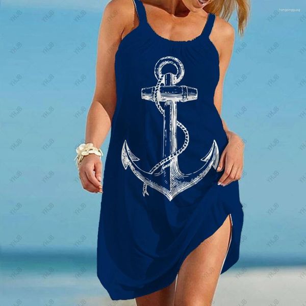 Lässige Kleider 2023 Sommer Damen Kleid Kurz Strand Meer Anker 3D Gedruckt Party Mini Pirate Sling Ärmellos Sexy