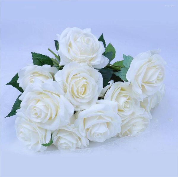 Flores decorativas 1pc seda artificial touch real Rosas de festa de casamento Fake Bride Bouquets Rose branca para decoração