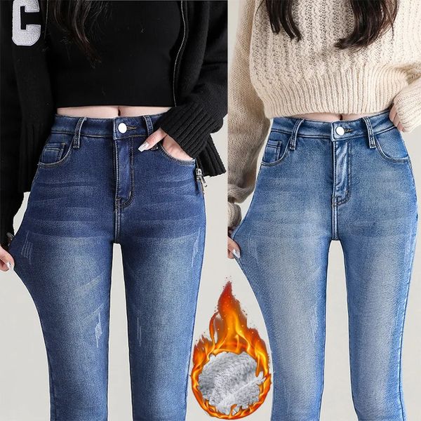 Женские джинсовые термобелье, зимние теплые плюшевые эластичные джинсы, женские флисовые зимние джинсовые брюки, узкие брюки-карандаш для девочек, прямые синие брюки 231127