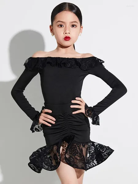 Sahne Giyim Çocuklar Latin Dans Elbisesi Seti Siyah Dantel Uzun Kollu Kızlar Performans Kostüm Cha Rumba Yarışma Giysileri DNV17851