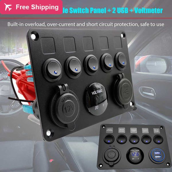 5 Gang Switch Panel Dual USB Port 12V Outlet Combination Waterproof for Car Marine Ship LED Toggle Rocker Switch Panel