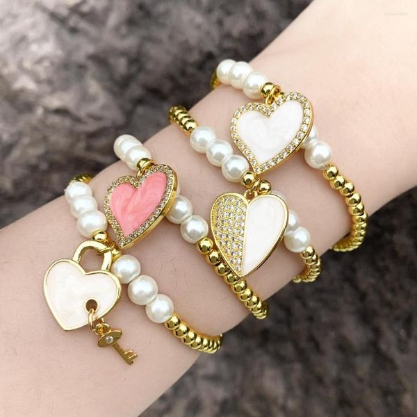 Bracelets de charme Cadeia de miçangas Coração rosa para mulheres Coppê Czz Crystal Elastic Gold Bated Jewelry Gifts BRTB30