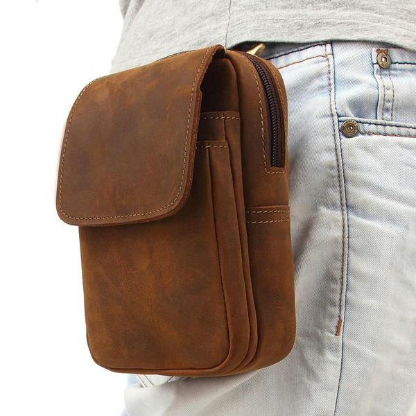 Bolsas de cintura Moda Bolsa de couro genuíno masculino Primeira camada telefone de couro vintage Vintage Wear Belt Cow Small