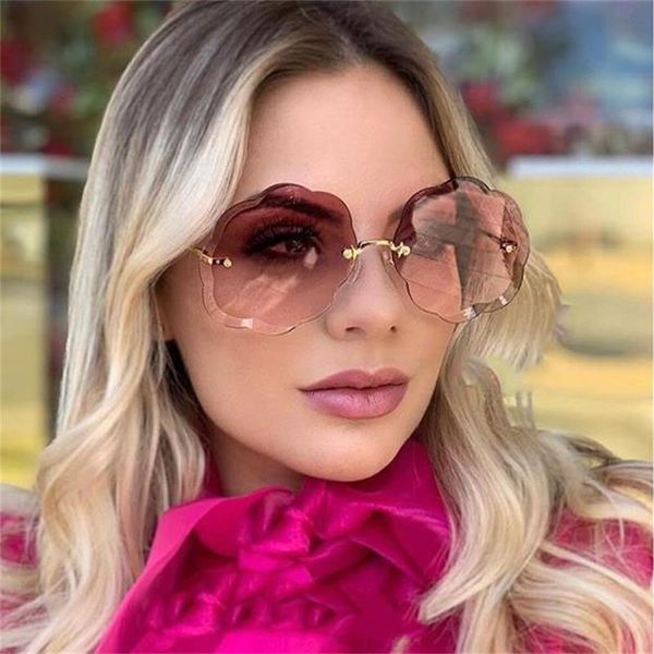 Güneş gözlüğü moda rimless kadınlar vintage büyük boy tonlar benzersiz tasarımcı bulut büyük lens gözlük UV400Sunglasses