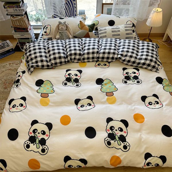Conjuntos de roupas de cama fofos de cama de panda conjunto de primavera de edredão de suma, travesseiro plano travesseiro de lenha plana quarto de cama de cama solteira de cama solteira 230427