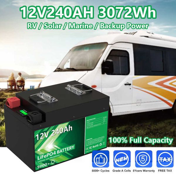 12V 240AH 200AH LIFEPO4 BATERIA PACK 12.8V 3072WH 5000+ Ciclos profundos embutidos 4s 200A BMS recarregável Bateria de carro RV EU sem imposto