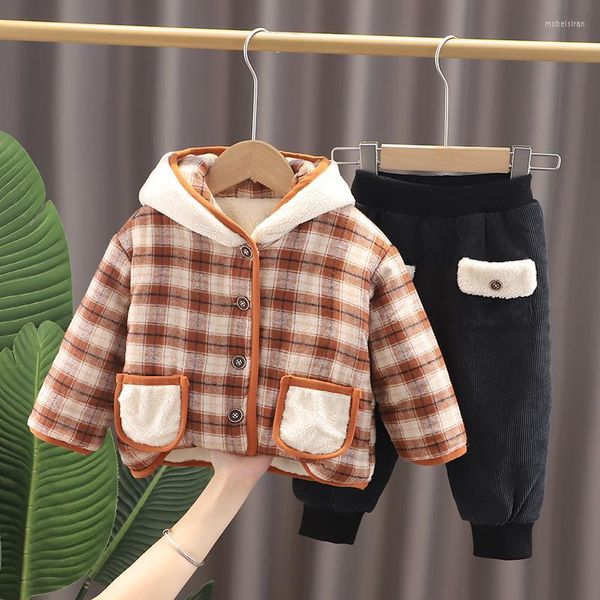 Kleidung Sets 2023 Winter Baby Kleidung Plus Samt Dicke Zweiteilige Anzug Jungen Und Mädchen Kleinkinder Warme Cartoon Gitter Kapuzenjacke Hosen