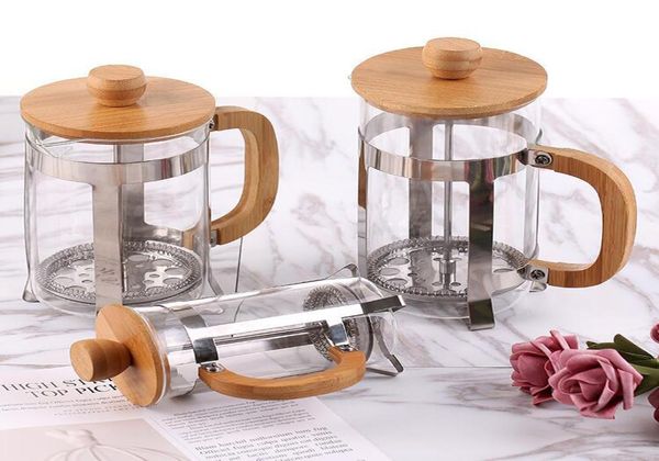 French Press KaffeeTeebereiter mit wiederverwendbarem Edelstahlfilter, Milchaufschäumer, Karaffe aus Borosilikatglas, langlebiger Bambus, Han2591766