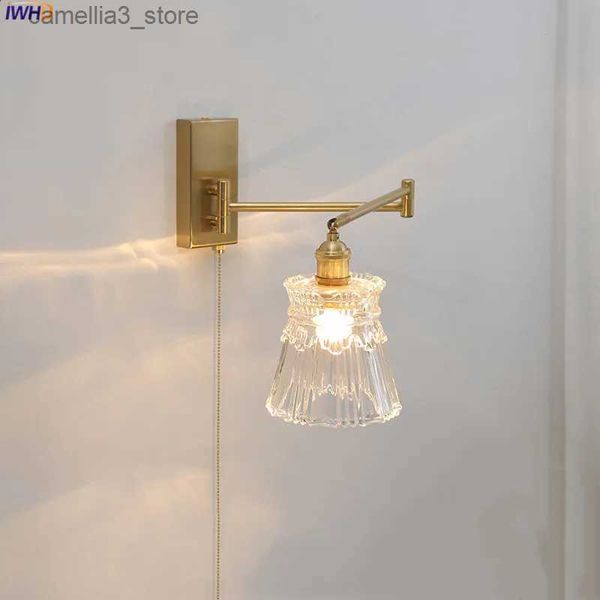 Lâmpadas de parede IWHD Pull Chain Glass LED Wall Light Sconce Braço Esquerdo Direita Girar Quarto Sala de estar Luzes Nordic Moderno Ao lado da lâmpada Wandlamp Q231127