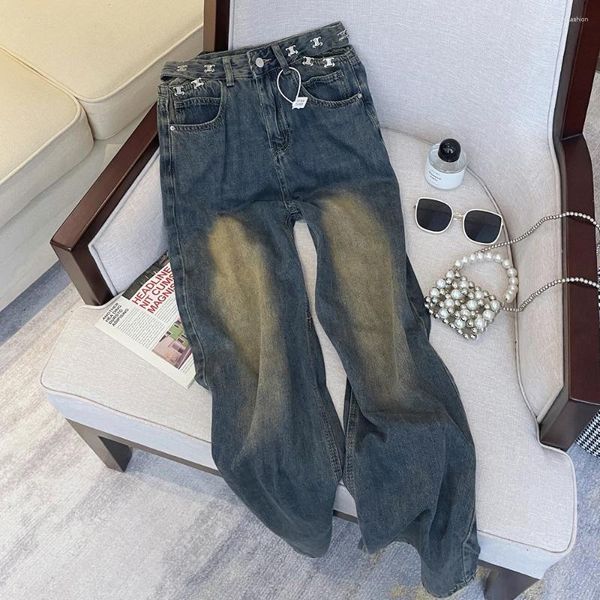 Jeans da donna con design a bottoni scavati Pantaloni casual dritti a vita alta blu Pantaloni larghi in denim larghi alla moda da strada