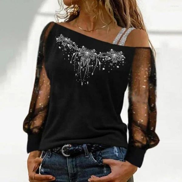 Camicette da donna Casual Top da donna Stupenda camicetta con strass con paillettes Maglia trasparente Patchwork Colletto diagonale Taglie forti per l'autunno