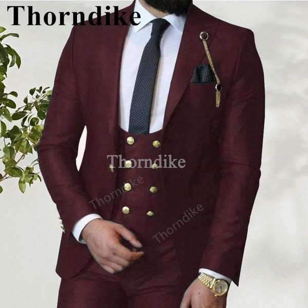 Abiti Thorndike Wine Red Busness Abiti da uomo Abito con risvolto a punta (giacca + pantaloni + gilet) Abito da sposa formale su misura Abiti eleganti solidi