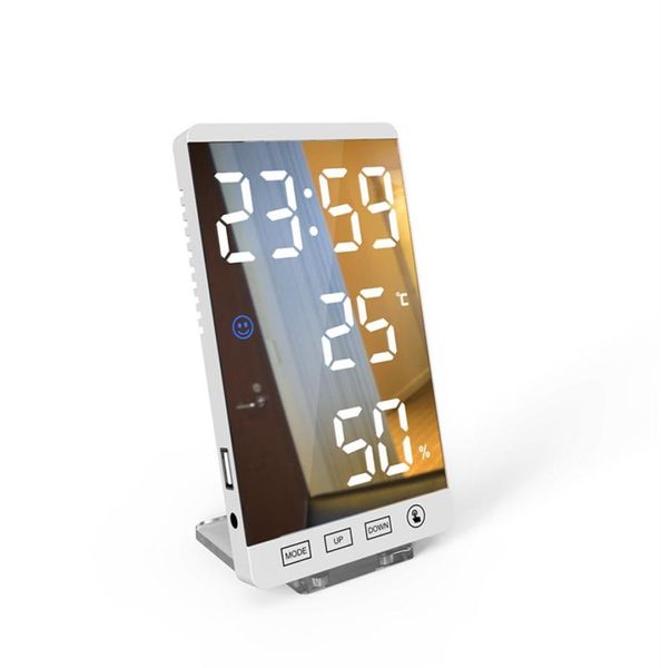 6 Polegada led espelho despertador botão de toque relógio digital parede tempo temperatura umidade display porta saída usb mesa clock21642521580